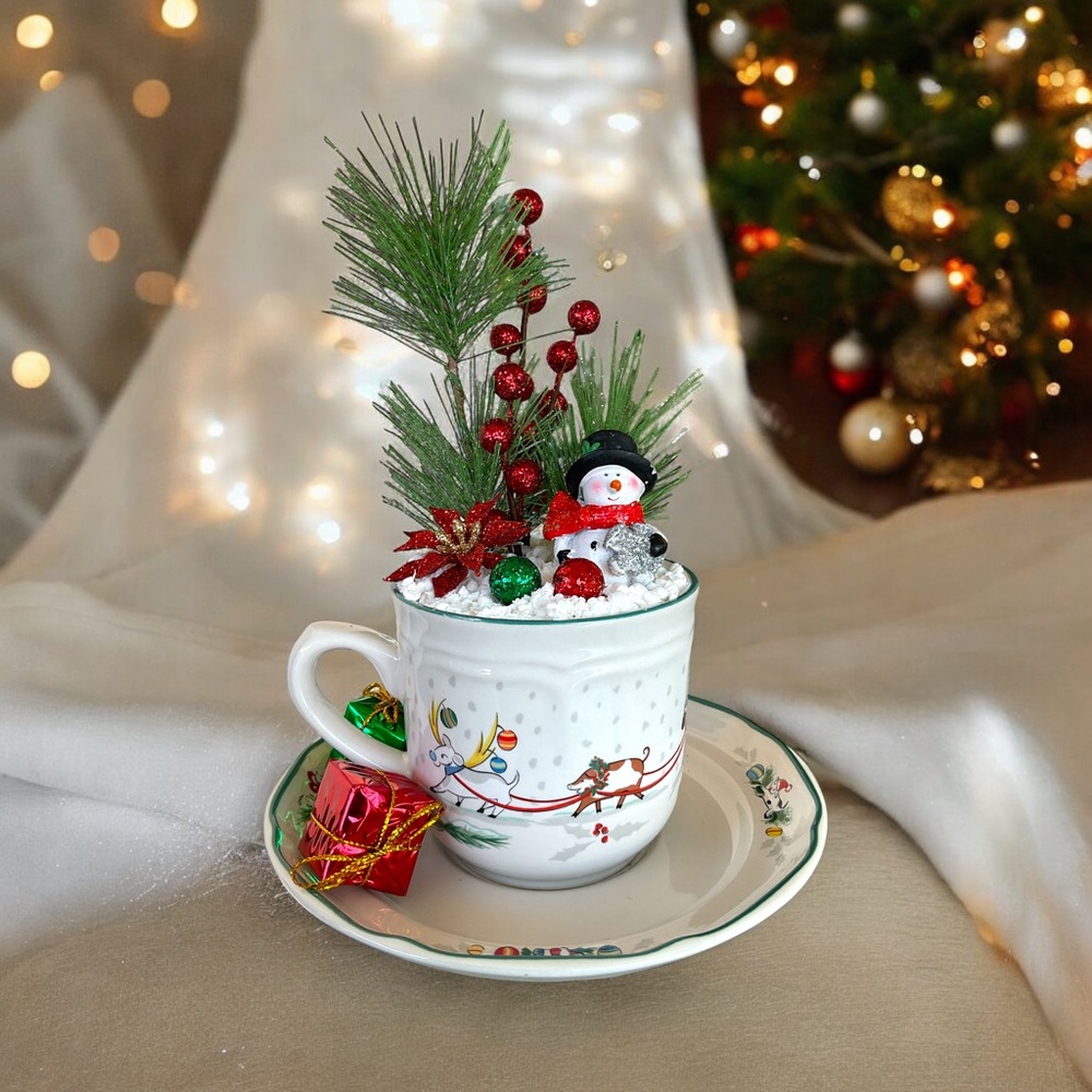 Christmas Home Decor Centerpiece Diorama in Cup with Saucer Holiday Gift Idea